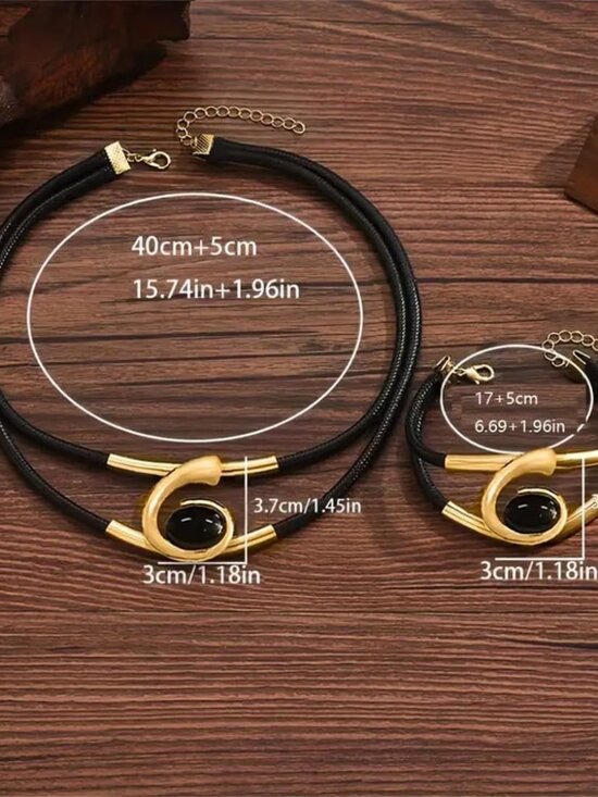 Gold Jewelry Set, Bohemian Double-Layer Black Rope With Oval Black Acrylic Penda - Picture 6 of 7